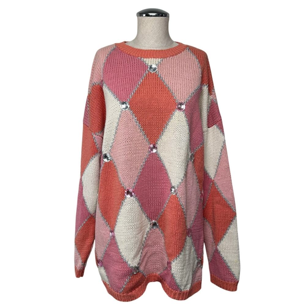 Vintage Express Tricot Argyle Sweater Pink Coral Silver Metallic Women M